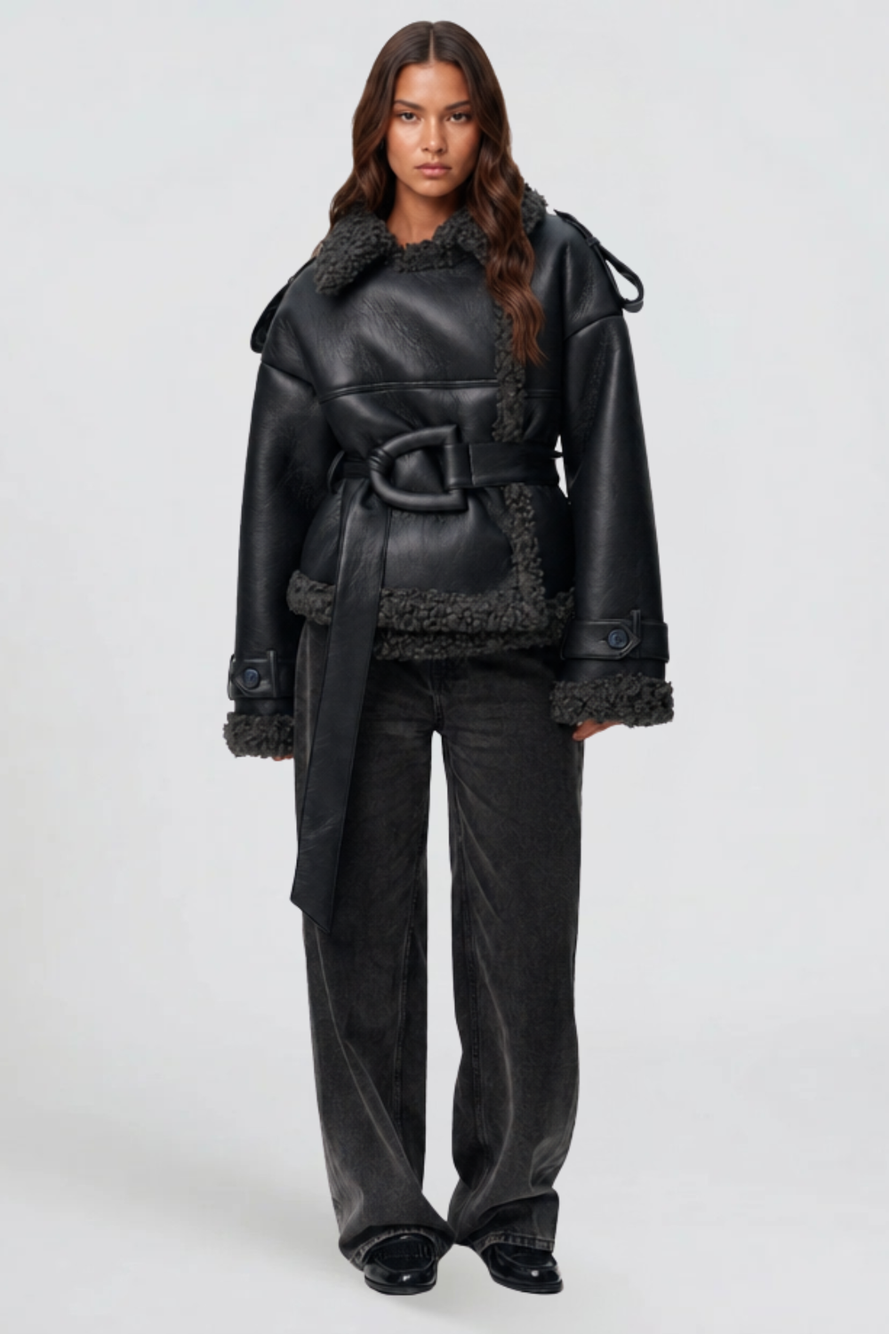 Cropped Leather Shearling Trench Coat