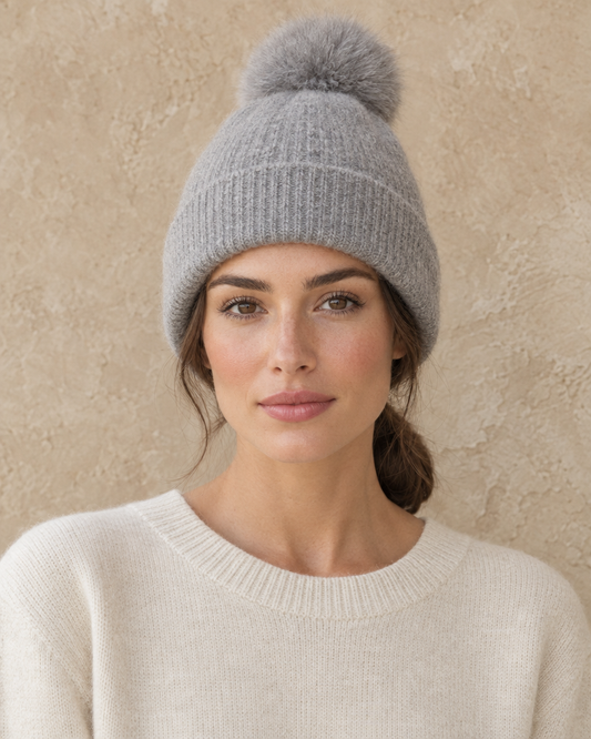 ONORA Gardenia Chic Cashmere Beanie with Pom-Pom — worn, front