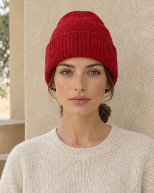 ONORA Summit Warm Double-Layer Cashmere Knit Beanie — worn, front