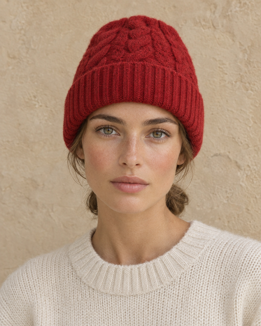 ONORA Hearth Warm Chunky Cable-Knit Ribbed Beanie — worn, front