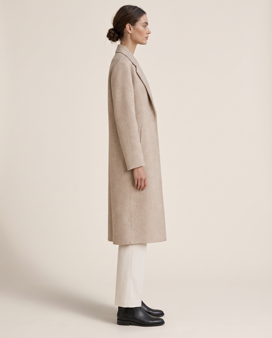 Long Beige Wool Coat for Women — side view, studio