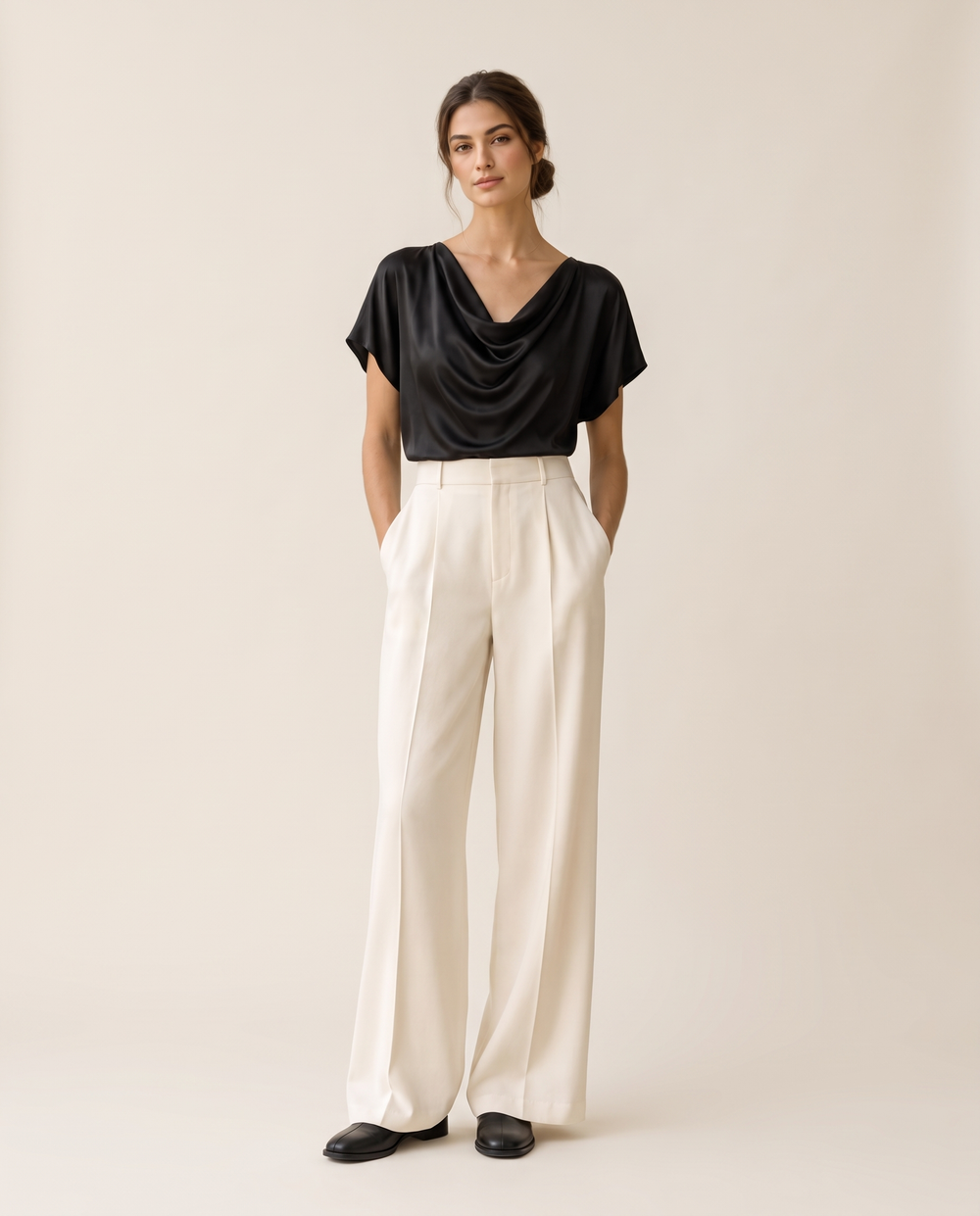 Uinta Elegant Draped Cowl Neck Top — studio front