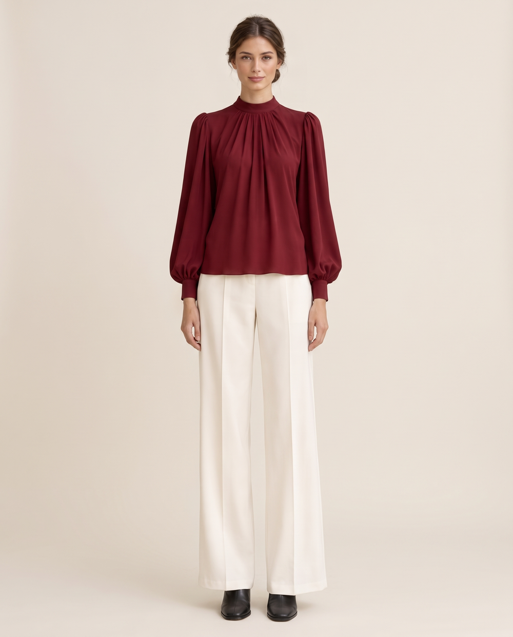 Covent Elegant Pleated Mock Neck Blouse — studio front