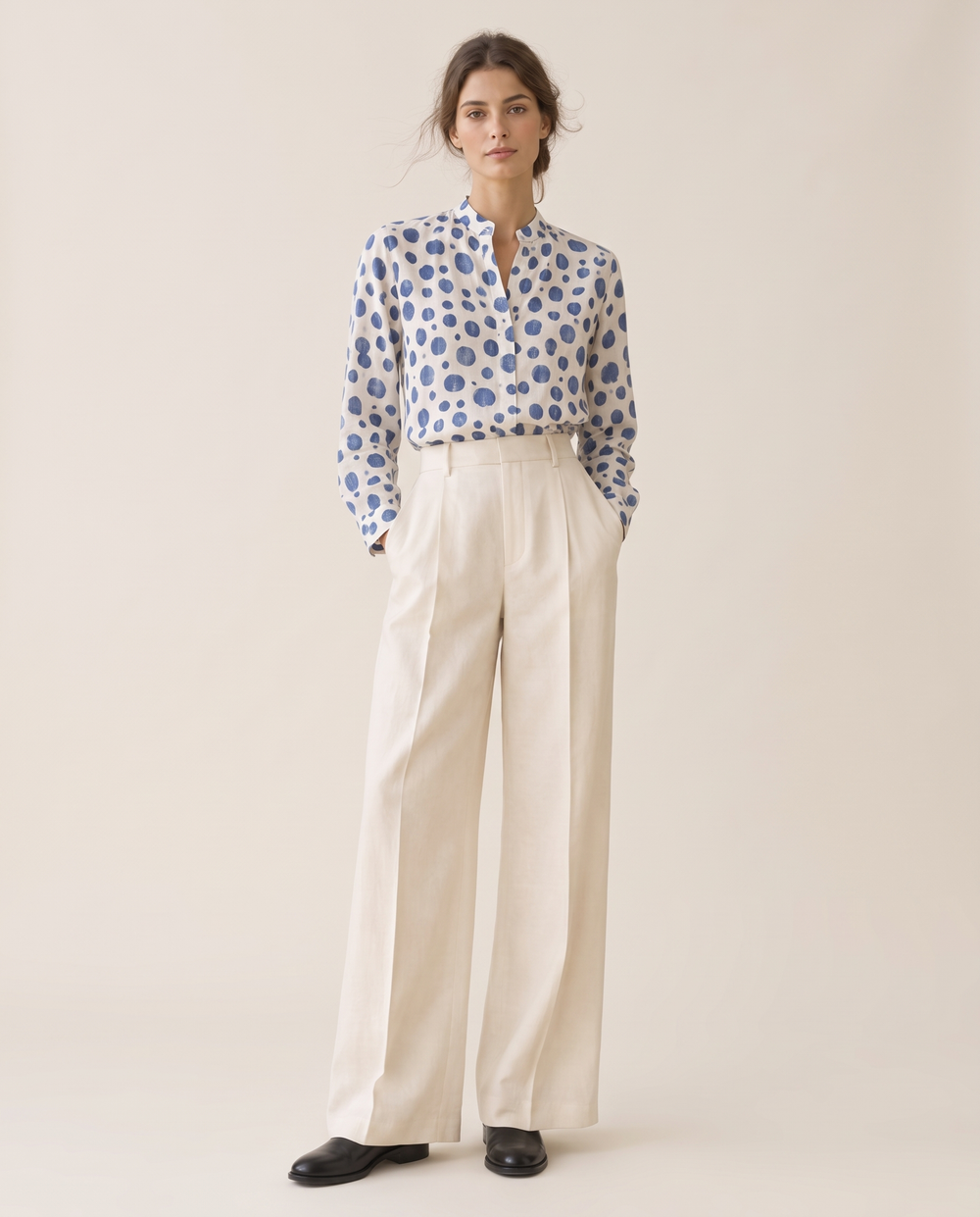 Wexford Polka Dot Stand-Collar Top — studio front