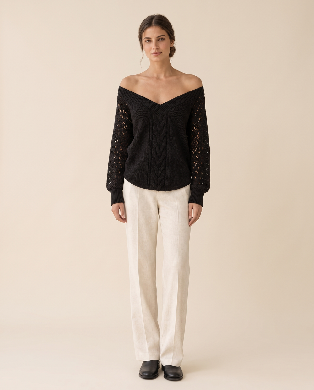 Ischia Relaxed Off-Shoulder Cable Knit V-Neck Sweater — studio front