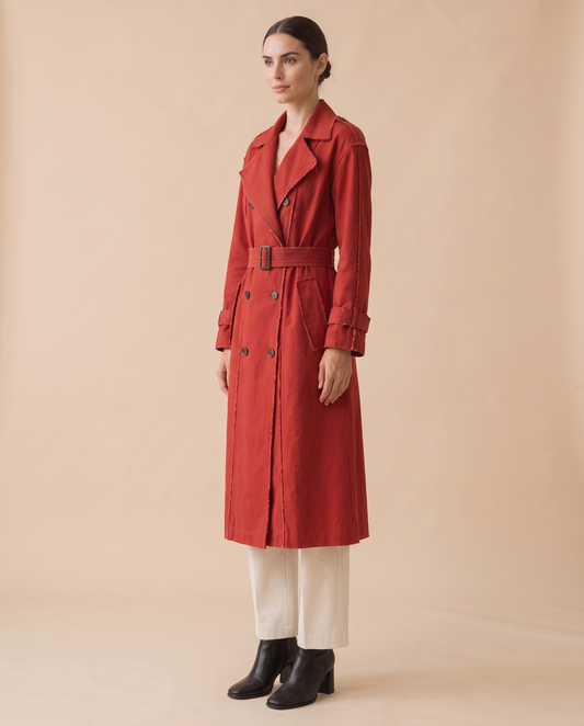 Long Red Trench Coat with Exposed Seams — three-quarter view