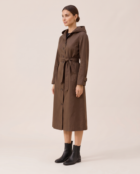 Hooded Single-Breasted Trench Coat — three-quarter view