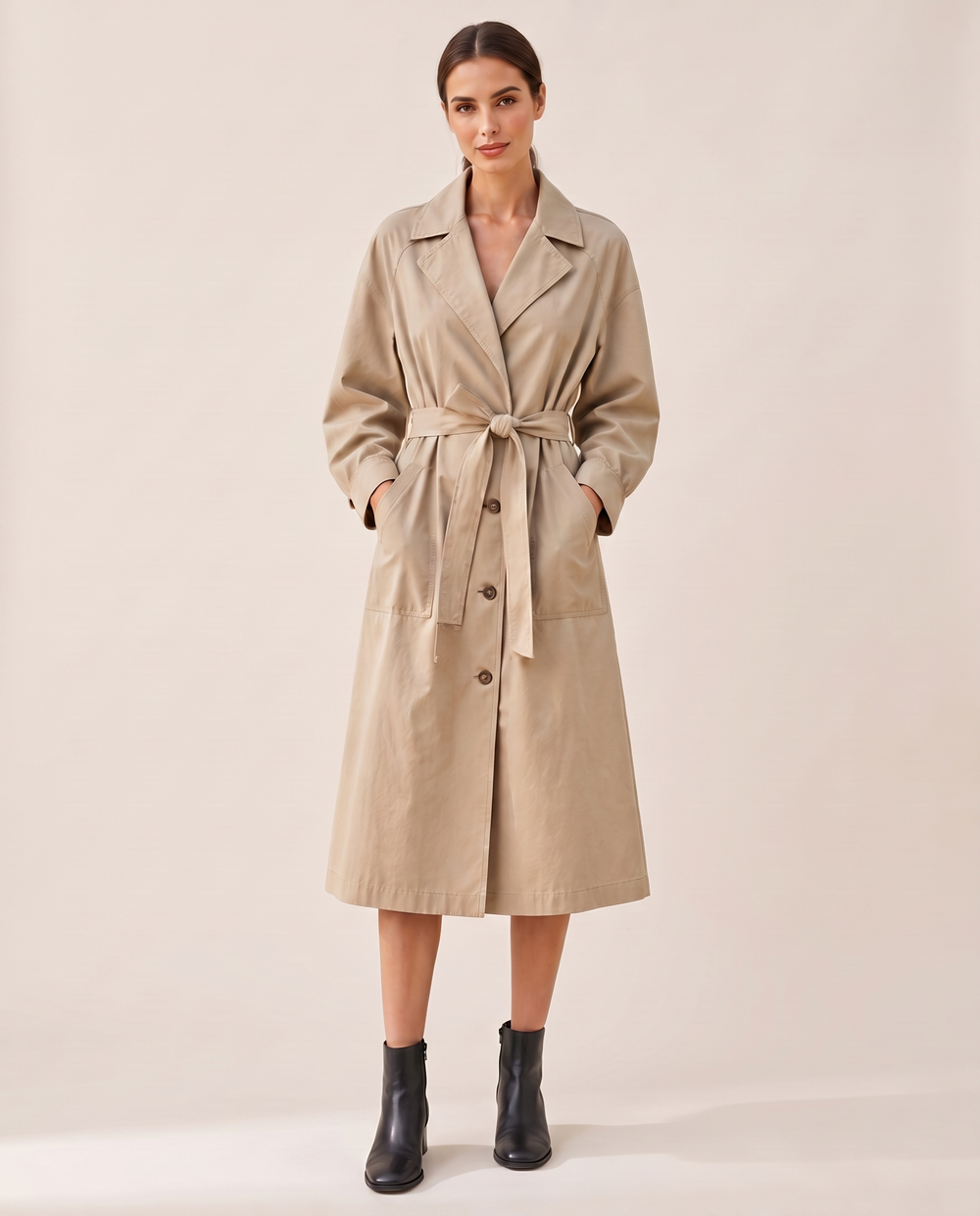 Cropped Vintage Trench Coat for Women — studio front, belted
