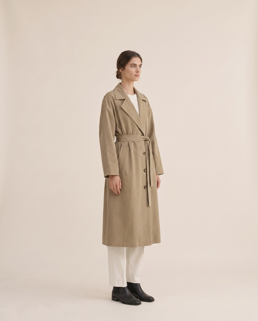 Long Tie-Waist Trench Coat for Women — three-quarter view