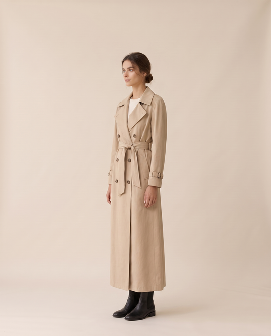 Belted Maxi Trench Coat for Women — three-quarter view