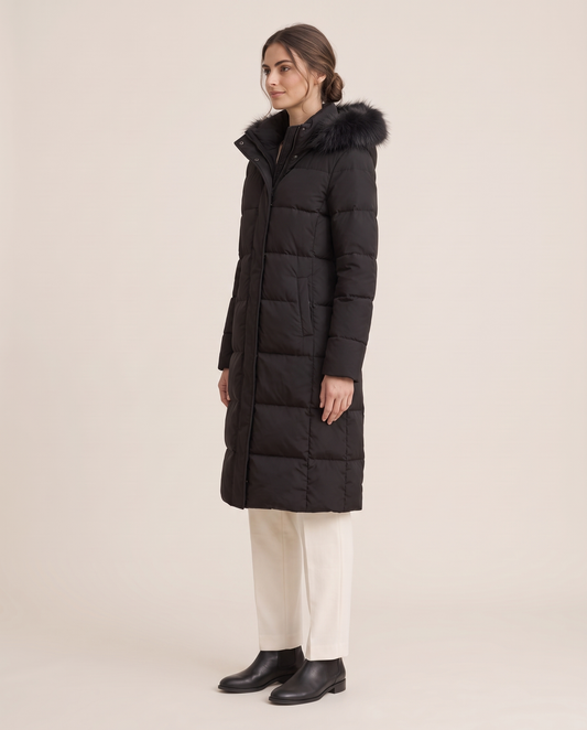 Long Hooded Puffer Coat with Plush Trim — three-quarter view