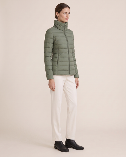 Tailored Quilted Puffer Jacket with High Neck — three-quarter view