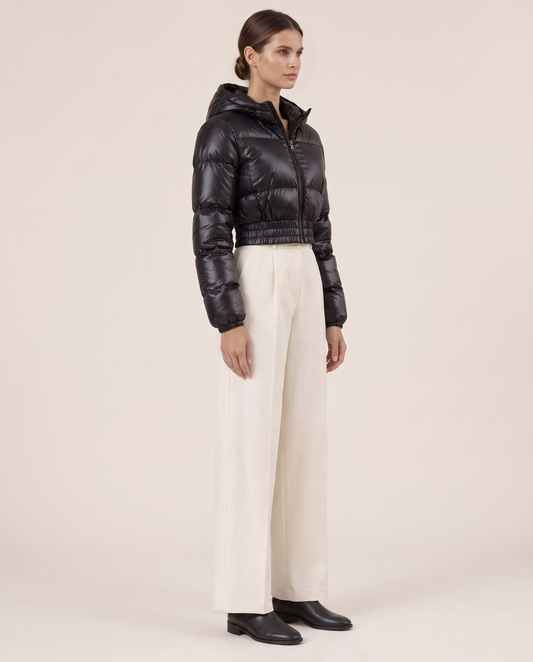 Glossy Cropped Puffer Jacket with Hood — three-quarter view