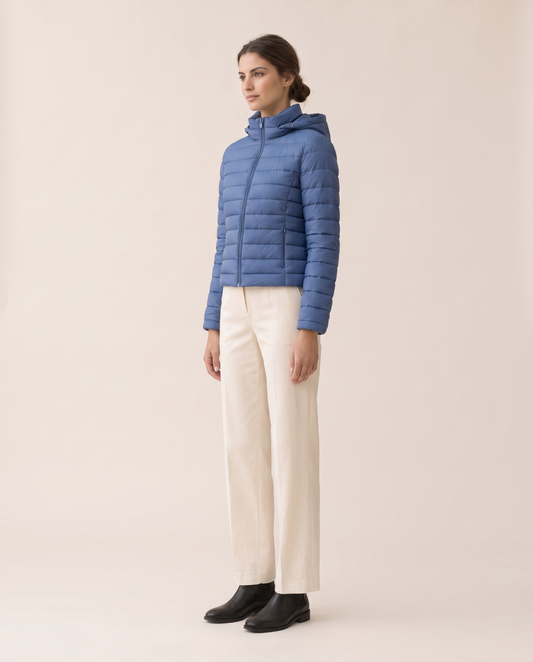 Cropped Quilted Puffer Jacket with Hood — three-quarter view