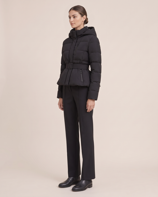 Belted Cropped Puffer Jacket with Hood — three-quarter view