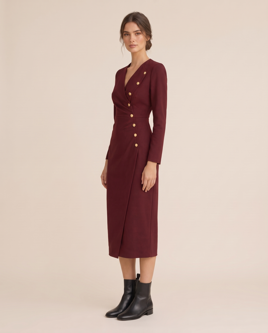 Stockholm Tailored Wrap-Front Buttoned Midi Dress — three-quarter view