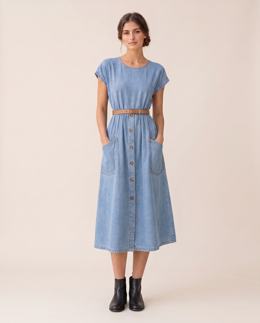 Marlee Denim Midi Dress with Pockets — studio front