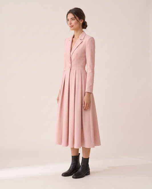 Marais Elegant Notched-Collar Pleated Midi Dress — three-quarter view