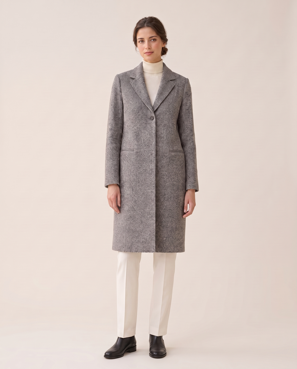 Textured Knee-Length Coat with Blazer Collar — studio front