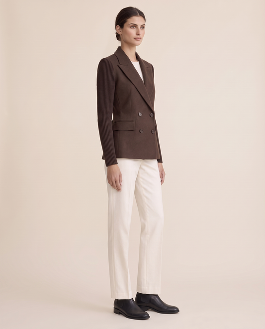 Cascadia Structured Double-Breasted Blazer with Ribbed Sleeves — three-quarter view