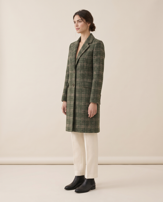 Green Plaid Coat with Notched Lapel — three-quarter view