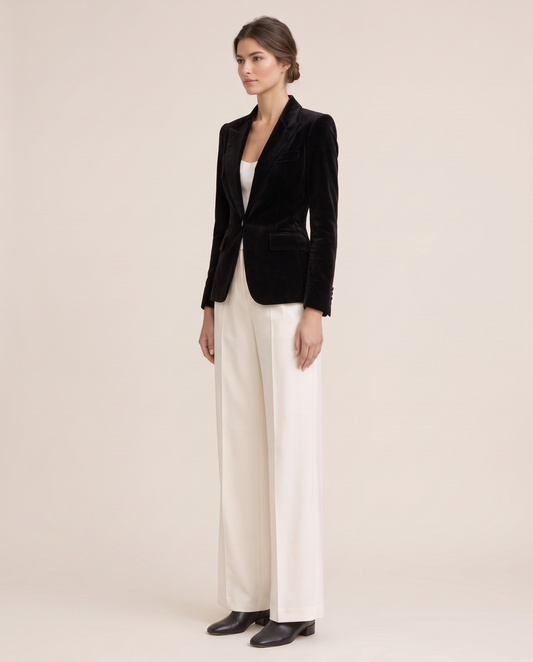 Eventide Elegant Velvet Single-Button Blazer — three-quarter view