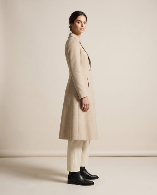 Long Tailored Coat with Flared Hem — three-quarter view