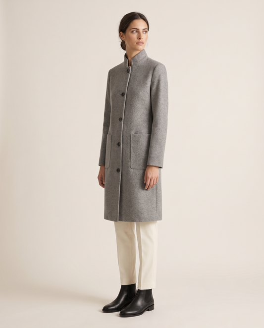 Stand-Collar Wool-Blend Coat with Pockets — three-quarter view