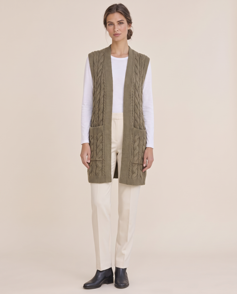 Dorset Cozy Open-Front Cable-Knit Vest — studio front