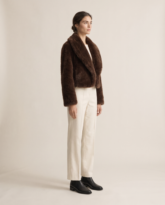 Cropped Faux Fur Coat with Shawl Collar — three-quarter view