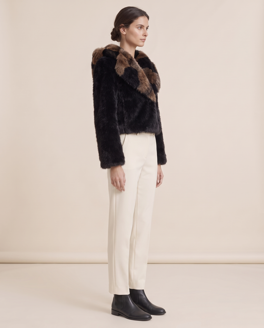 Patchwork Faux Fur Coat or Vest with Hood — three-quarter view