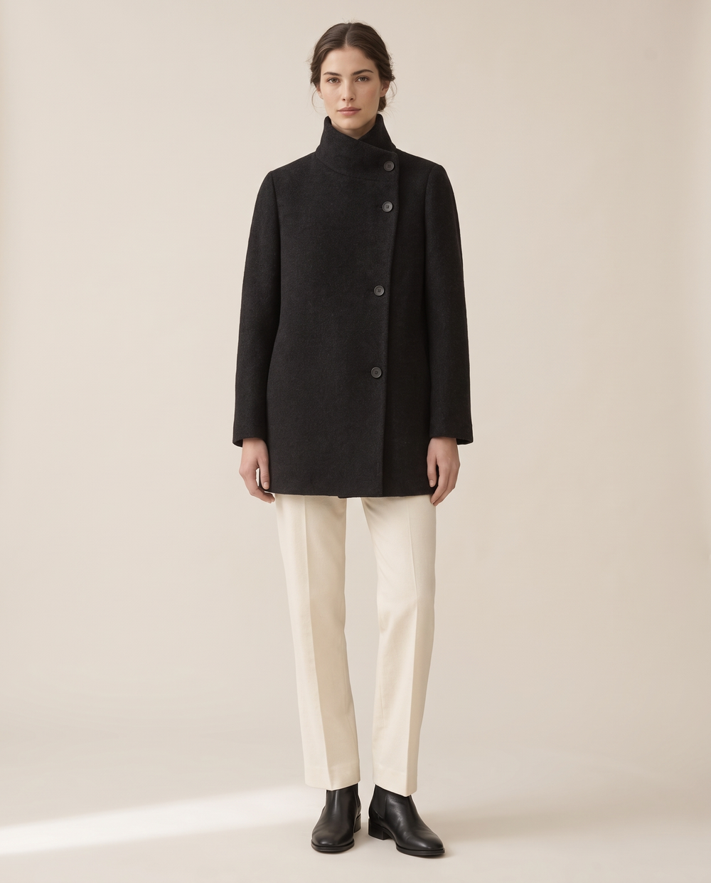 Wool-Blend Coat with Tall Stand Collar — studio front
