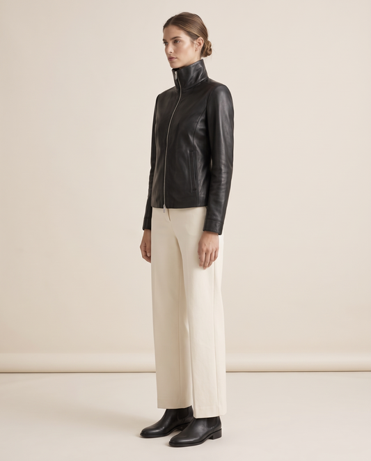 High-Neck Zip Leather Jacket for Women — three-quarter view