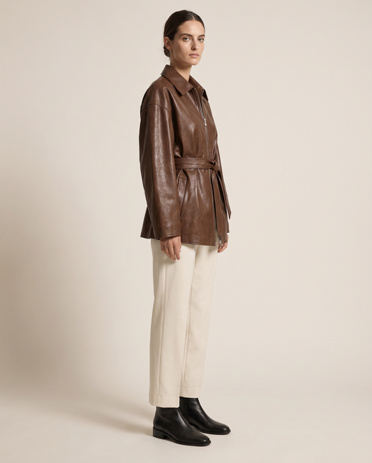 Belted Oversized Leather Jacket for Women — three-quarter view