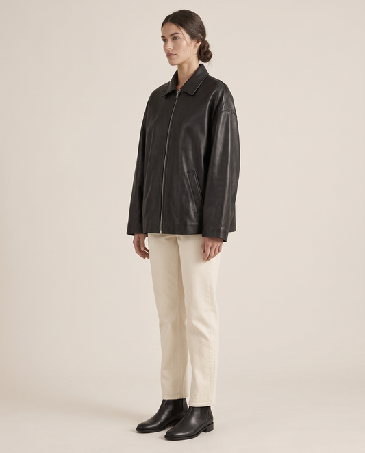Oversized Soft Leather Jacket with Fluid Drape — three-quarter view
