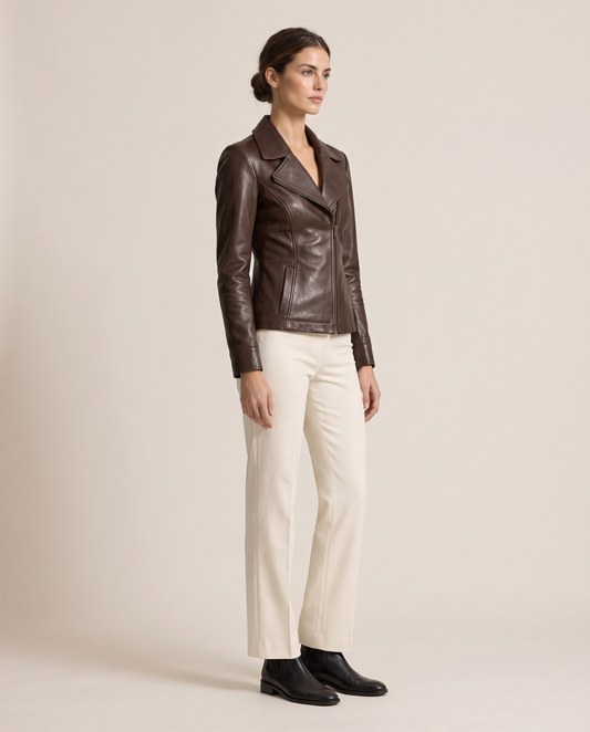 Tailored Leather Jacket with Notched Lapel — three-quarter view