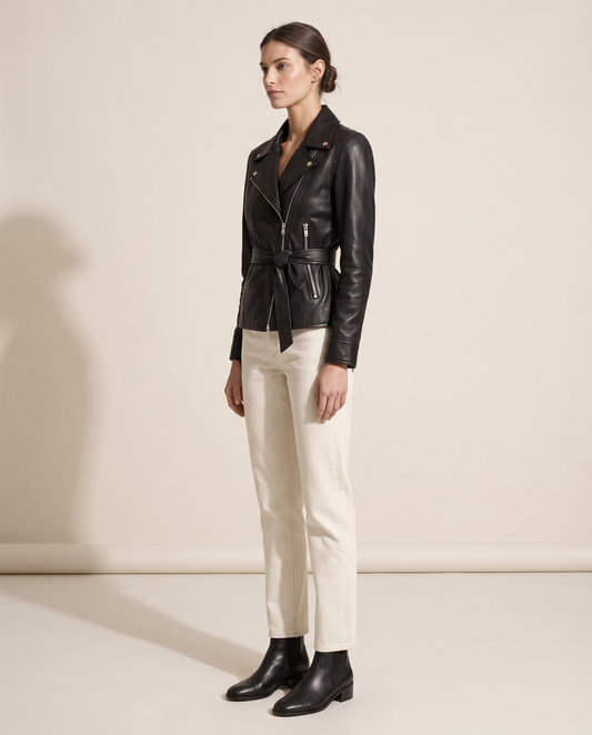 Belted Leather Biker Jacket for Women — three-quarter view