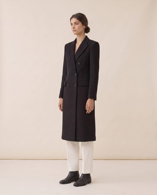Longline Double-Breasted Tailored Coat — three-quarter view