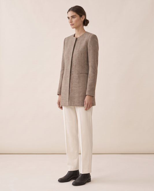 Foxley Herringbone Collarless Long Blazer — three-quarter view