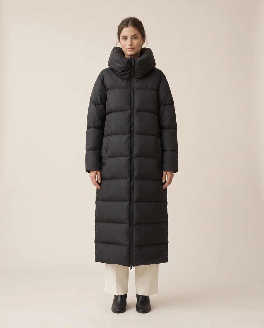 Long Puffer Coat with Oversized Collar — studio front