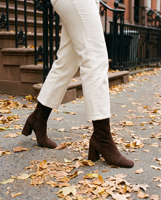 Square Toe Suede Ankle Boots with Block Heel — worn on a New York street in autumn