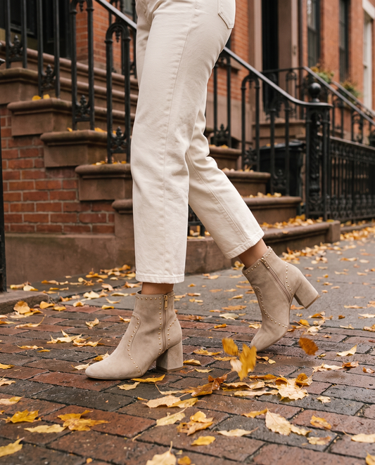 Studded Suede Ankle Boots with Block Heel — worn on a New York street in autumn