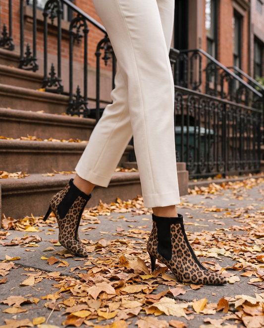 Leopard Print Ankle Boots with Pointed Toe — worn on a New York street in autumn