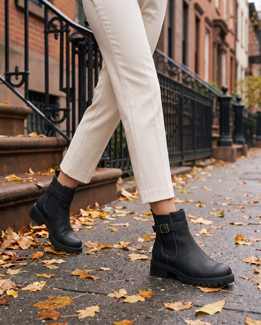 Chelsea Ankle Boots with Buckle Strap and Lug Sole — worn on a New York street in autumn