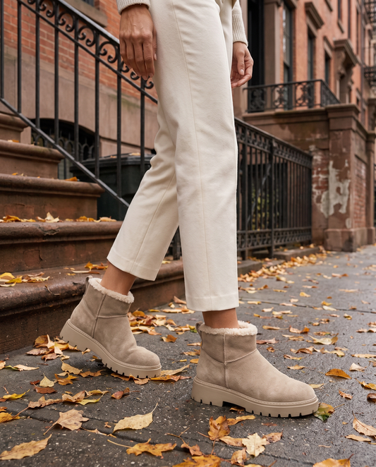 Fleece-Lined Suede Ankle Boots with Chunky Lug Sole — worn on a New York street in autumn