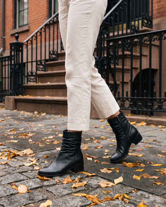 Ruched Ankle Boots with Side Zipper — worn on a New York street in autumn
