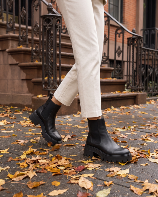 Platform Chelsea Boots with Chunky Grip Sole — worn on a New York street in autumn
