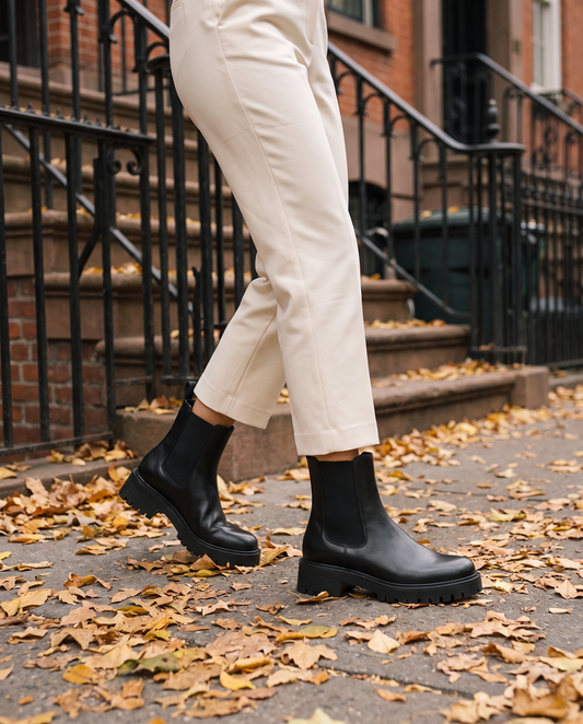 Lug Sole Chelsea Boots with Front and Back Pull Tabs — worn on a New York street in autumn
