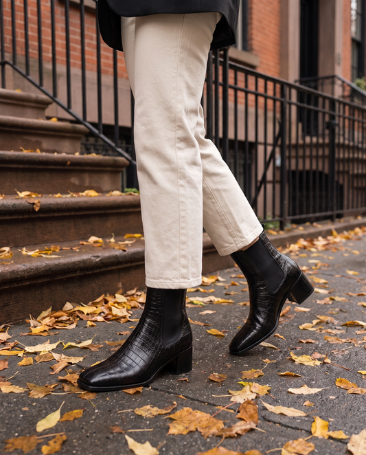 Crocodile Embossed Chelsea Boots with Square Toe — worn on a New York street in autumn