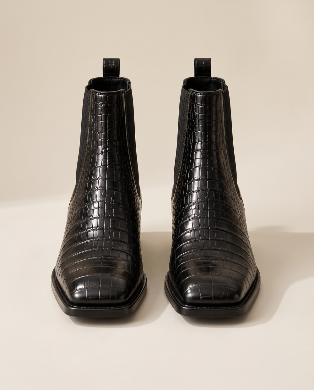 Crocodile Embossed Chelsea Boots with Square Toe — pair, studio